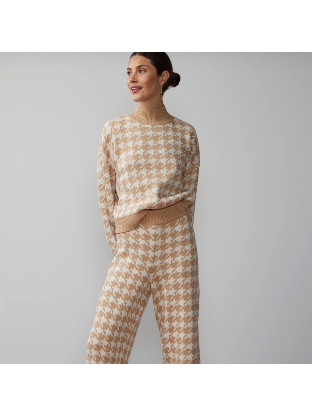New York & company houndstooth beige cream set pants sweater knit SZ S plaid